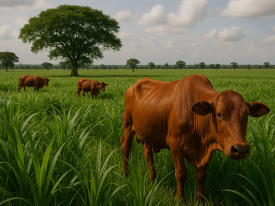 Gado de corte da raça zebuína vermelha pastando em área de alta produtividade com a Brachiaria híbrida Cayana, em fazenda no Mato Grosso, Brasil. Pastagem verde e vigorosa destaca o potencial do cultivar Cayana para aumento de produtividade animal