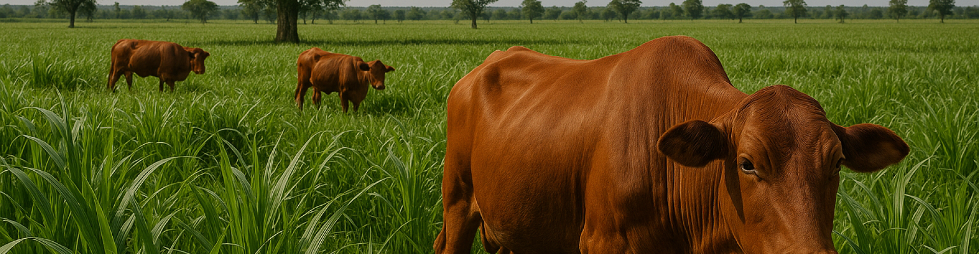 Gado de corte da raça zebuína vermelha pastando em área de alta produtividade com a Brachiaria híbrida Cayana, em fazenda no Mato Grosso, Brasil. Pastagem verde e vigorosa destaca o potencial do cultivar Cayana para aumento de produtividade animal